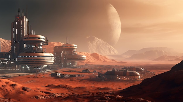 Mars landscape illustration Colony complex on the red planet of Mars in future Generative ai