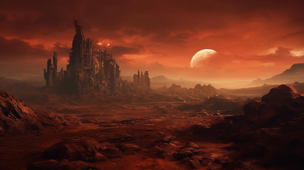 Photo mars landscape with old ruins over the planet