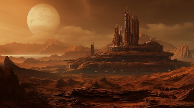 Photo mars landscape with old ruins over the planet