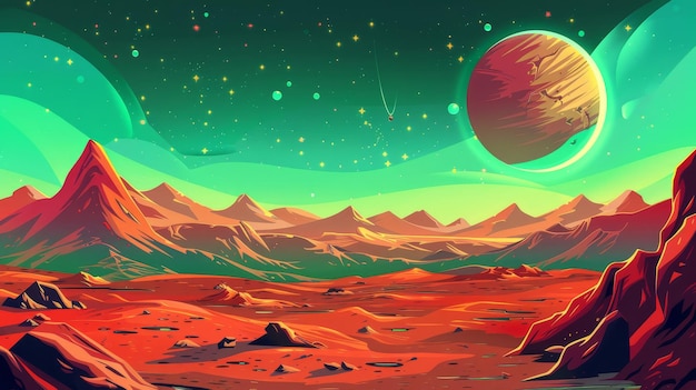 Mars landschap buitenaardse planeet achtergrond rode woestijn oppervlak met bergen kraters Saturnus en sterren Cartoon illustraties van de Martiaanse buitenaardsche ruimte