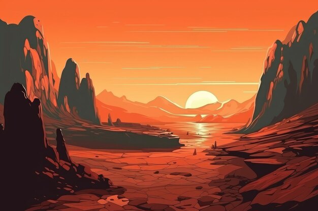 Mars planeet landschap zonsondergang Genereer Ai