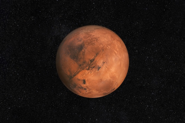 Foto mars-planeet op een sterrenhemel in de ruimte. reis naar nieuwe landmars met sterren.