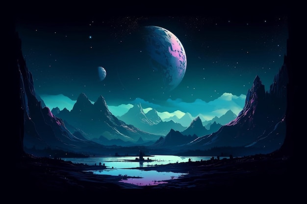 Mars planet style concept space fantastic planet surface and rocky mountains background against night sky with stars shining bright on horizon generative AI