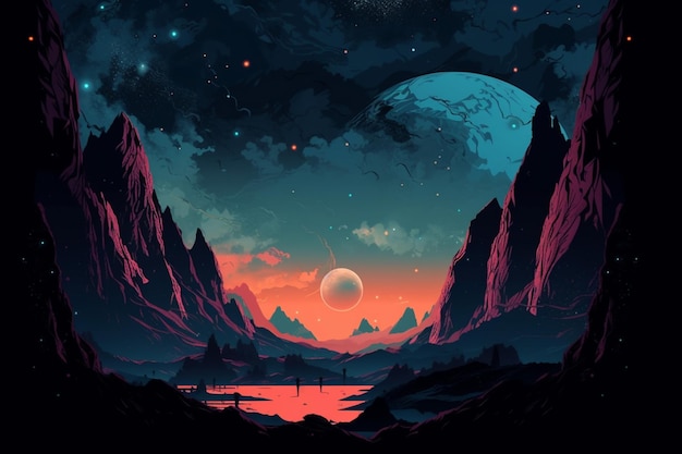 Mars planet style concept space fantastic planet surface and rocky mountains background against night sky with stars shining bright on horizon generative AI