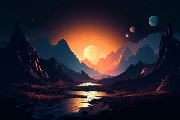 Mars planet style concept space fantastic planet surface and rocky mountains background against night sky with stars shining bright on horizon generative AI