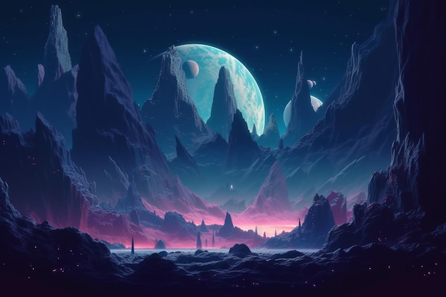 Mars planet style concept space fantastic planet surface and rocky mountains background against night sky with stars shining bright on horizon generative AI