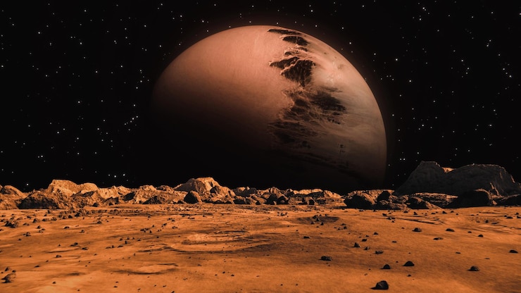 Photo mars planet surface and a big planet background