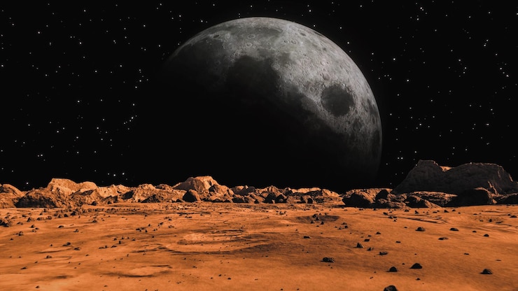 Photo mars planet surface and a big planet background