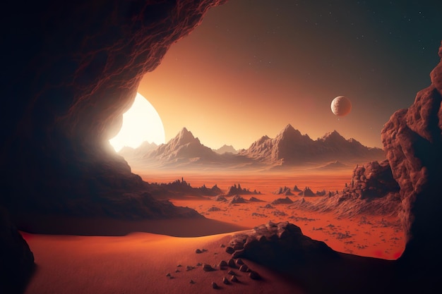 Mars the red planet landscape with desert and mountains generative ai