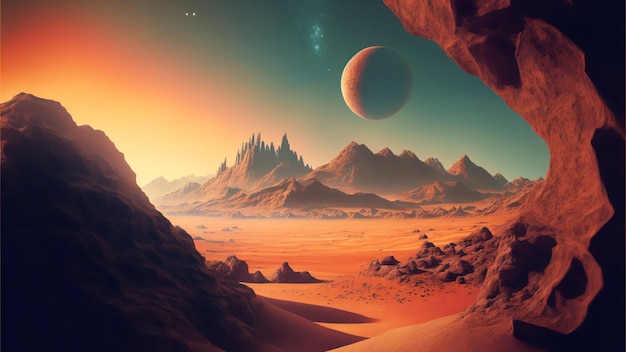 사막과 산이 있는 붉은 행성 풍경 화성