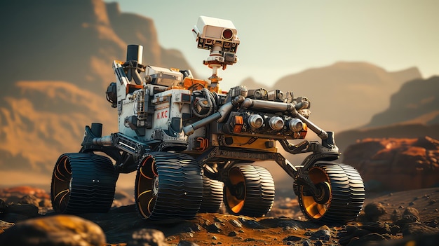 Mars rover exploring the red Martian terrain CGI ambient light