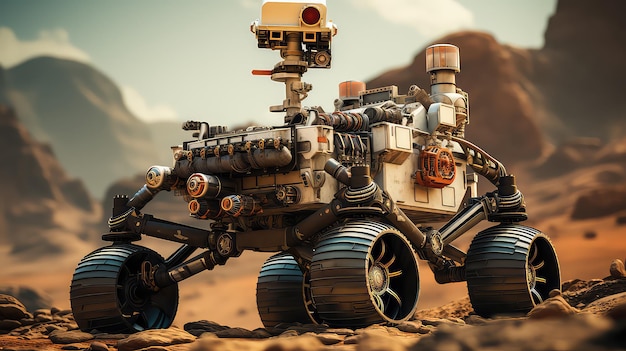 Марсоход исследует красную марсианскую местность CGI окружающий свет