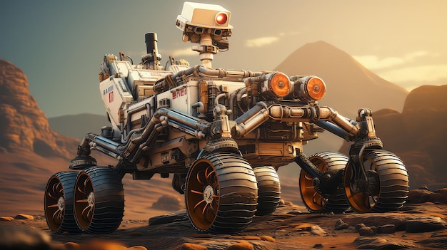 Mars rover exploring the red Martian terrain CGI ambient light