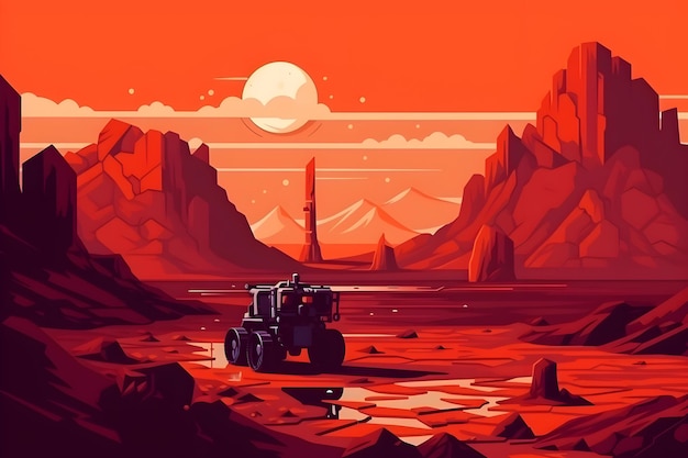 붉은 행성 바위 표면을 탐험하는 화성 탐사선