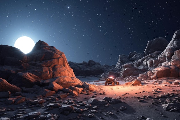 火星探査機が星で満たされた空の下で岩石の地形を探索している