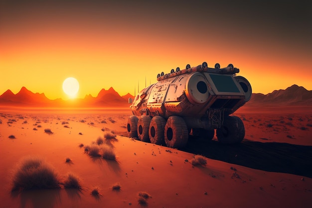 Mars rover on planet surface futuristic vehicle in Martian desert at sunset generative AI