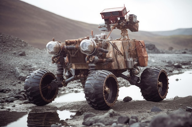 写真 生成 ai で作成された、岩だらけの地形に先進的な車輪を備えた火星探査車のプロトタイプ