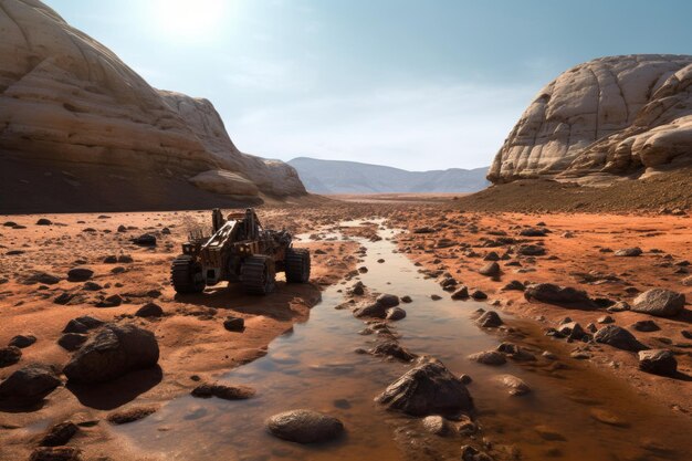 Марсоход, пересекающий сухое русло реки на Красной планете, созданный с помощью генеративного искусственного интеллекта