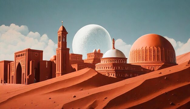 a Mars stamp design with volumetric lighting with buildings and domes with minimal illustration