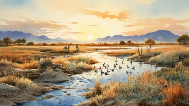 Photo marsh of iran watercolor illustration detailed hunting scenes in uhd