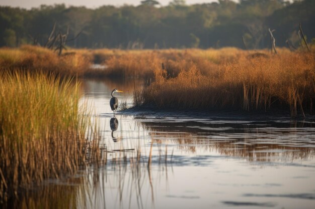 Photo marsh with heron stalking the waters for prey created with generative ai