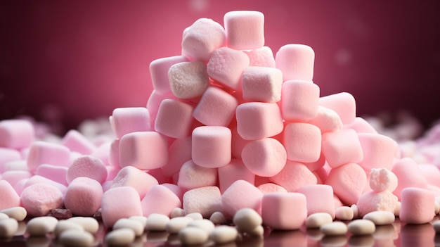 Photo marshmallow candy pyramid on pink background