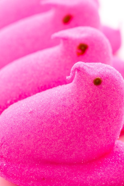 Photo marshmallow chicks for easter on a white background.