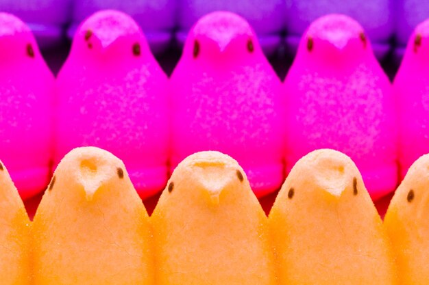 Marshmallow chicks for easter on a white background