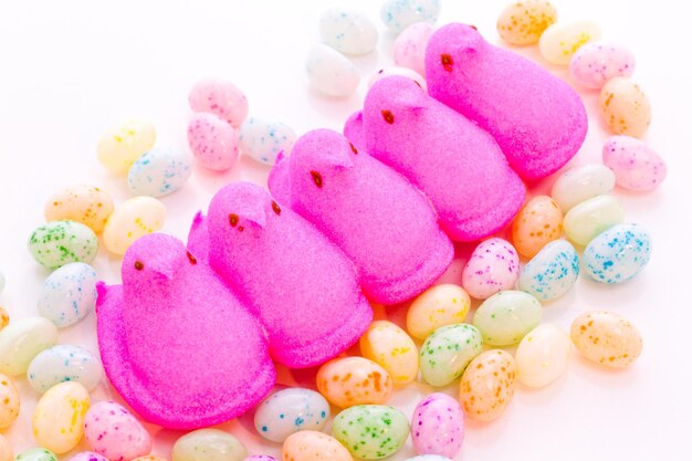 Marshmallow chicks for Easter on a white background.