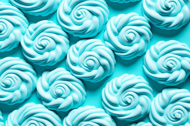 Marshmallow flowers and sweets of blue color from plasticine texture