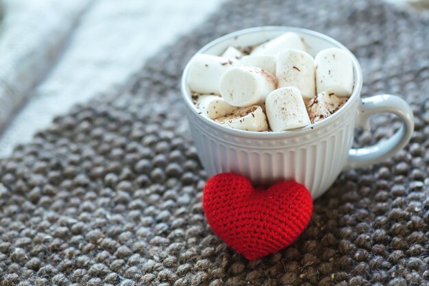 Marshmallow in a grey cup of hot cocoa