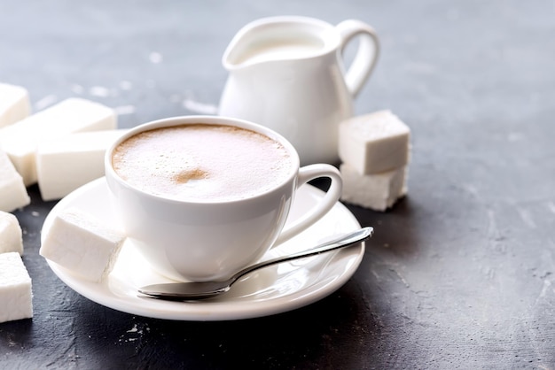 Marshmallow sticks lying on background Cup with fresh black coffee Cream Copy space on the right