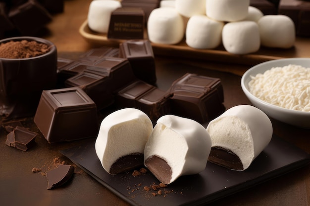 Photo marshmallows are cut into squares and placed on a tray with a bowl of chocolates in the background.