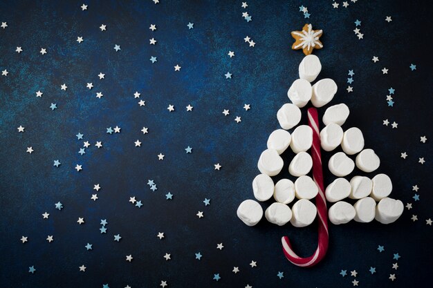 Marshmallows and Christmas lollipop on starry background