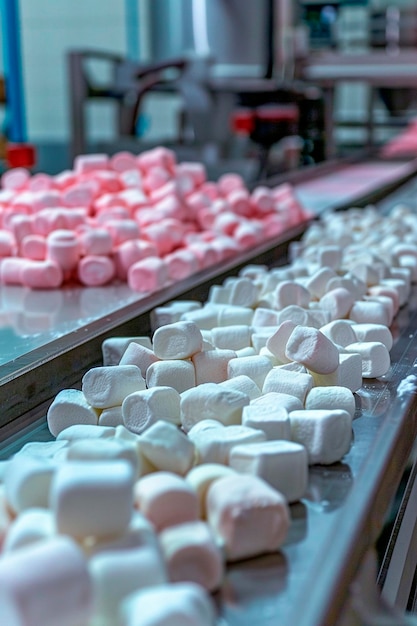 Foto marshmallows in de fabriek industrie selectieve focus