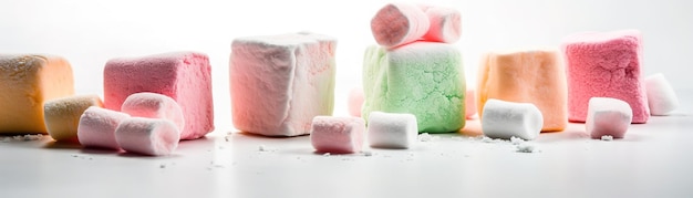 Marshmallows staan op een tafel met een bord waarop 'marshmallows' staat