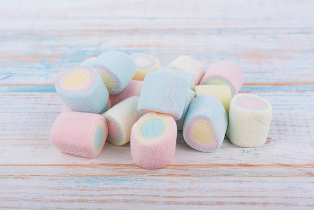 marshmallows on wooden background