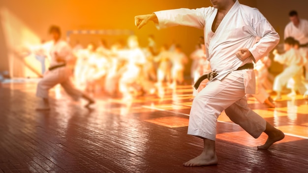 Martial art colored background with elements of movement and\
blur on the topic karate kids training without faces for web design\
and printing