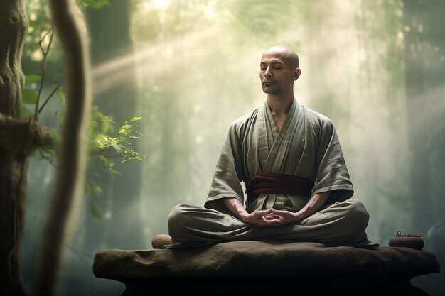 Martial art sensei meditating in serene surroundings embodying inner peace Generative AI