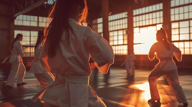 Martial artists practicing in a dojo during sunset traditional karate training session captured dynamic inspirational martial arts practice AI