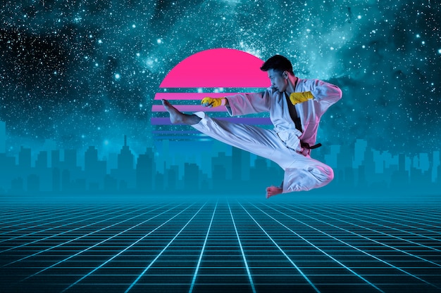 Arti marziali. bellissimo sfondo, onda synth e onda retrò, estetica futuristica vaporwave. ultravioletto, sportivo in stile neon incandescente. elegante volantino per annuncio, offerta, colori vivaci e vista sulla città.