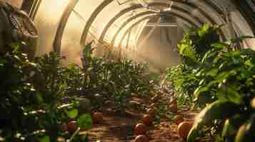 Photo martian dome farm ai and robots cultivate engineered crops for space colonists