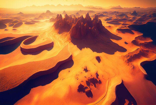 Марсианские горы в красных тонах Пустынный пейзаж планеты Марс Generative Ai Art Вид с воздуха с дрона