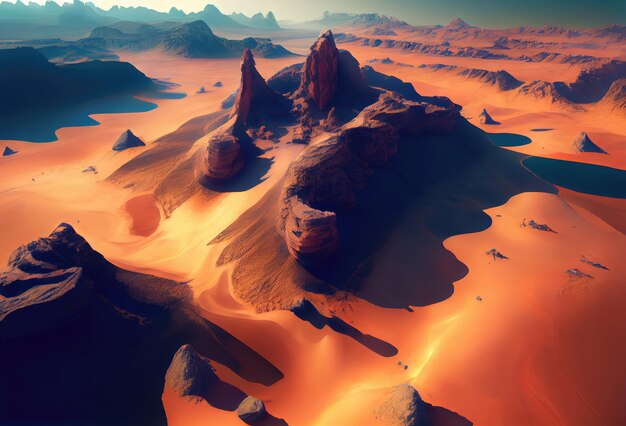 Martian mountains in red colors Deserted landscape of the planet mars Generative Ai Art Aerial view from drone