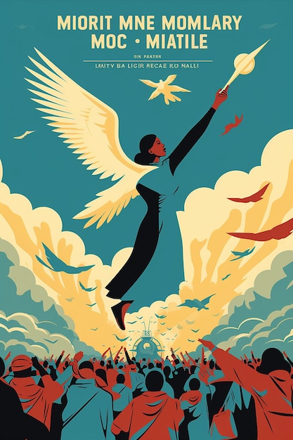 Martin Luther King Day illustration of a dove carrying an olive branch flying over a crowd of peace