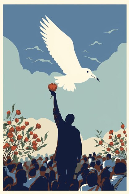 Martin Luther King Day illustration of a dove carrying an olive branch flying over a crowd of peace