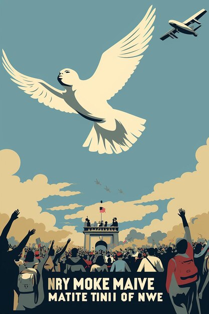 Martin Luther King Day illustration of a dove carrying an olive branch flying over a crowd of peace