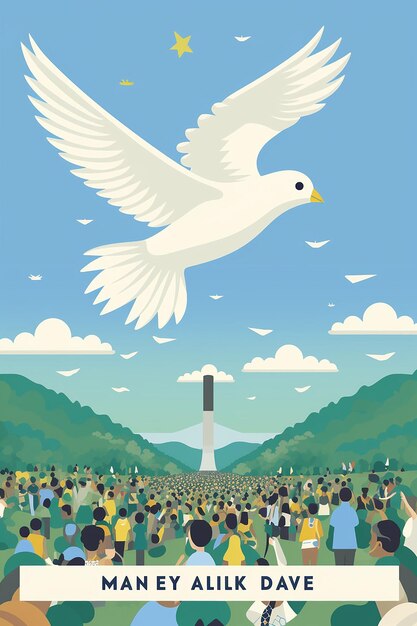 Photo martin luther king day illustration of a dove carrying an olive branch flying over a crowd of peace