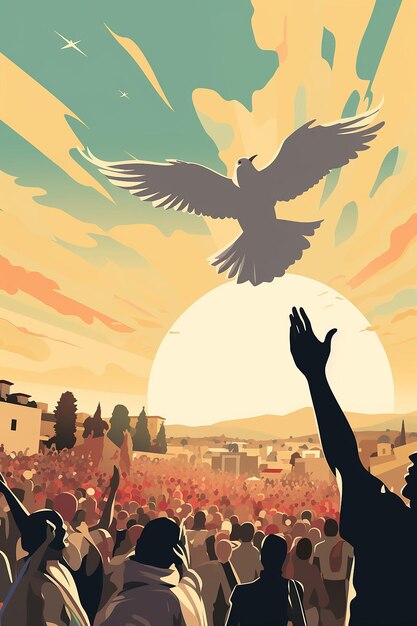 Photo martin luther king day illustration of a dove carrying an olive branch flying over a crowd of peace