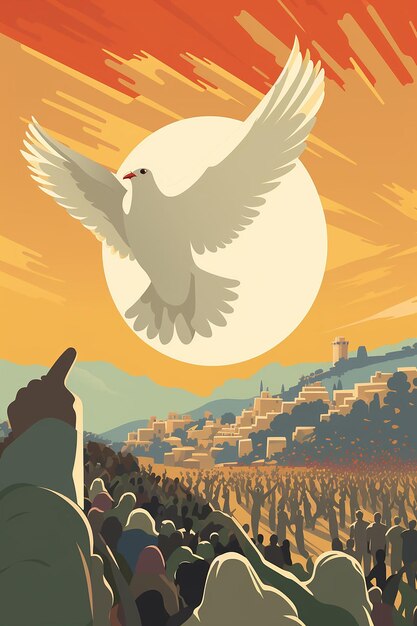 Martin Luther King Day illustration of a dove carrying an olive branch flying over a crowd of peace